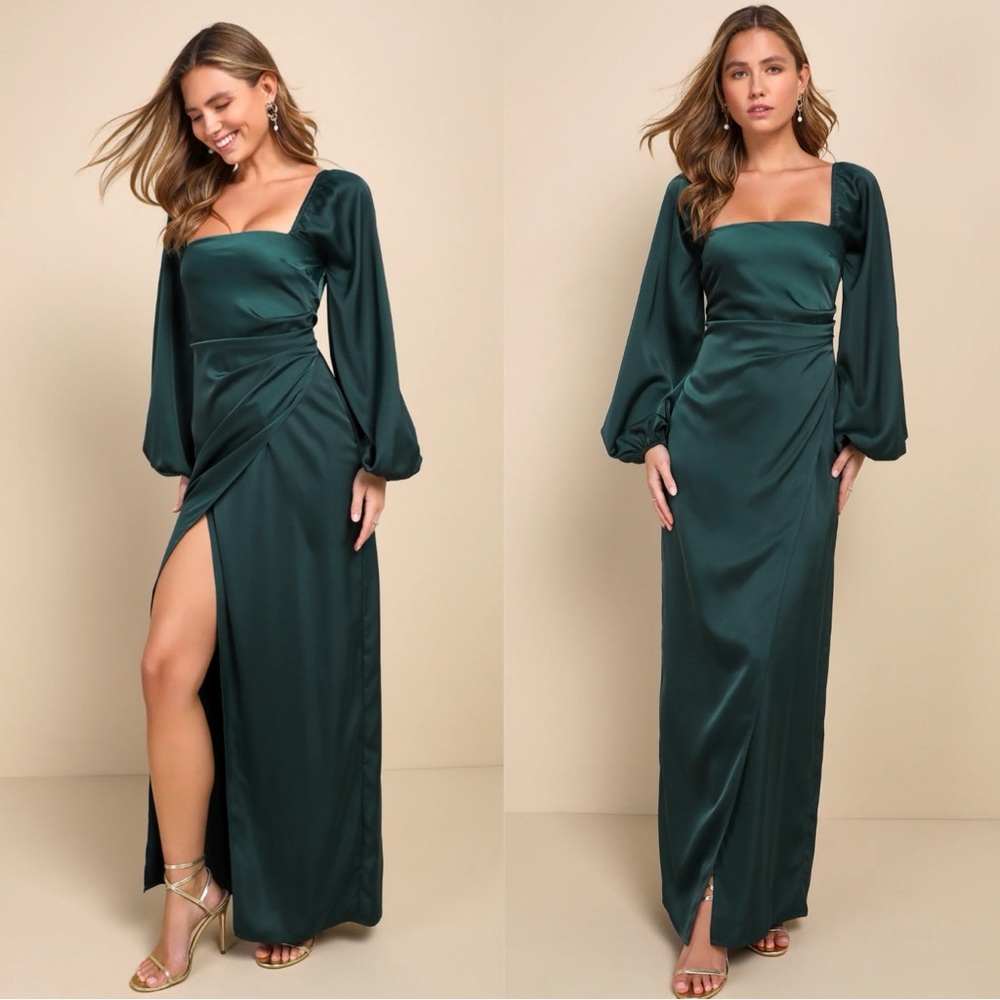 Lulu’s Eternal Heart Emerald Green Satin Long Sleeve Maxi Dress